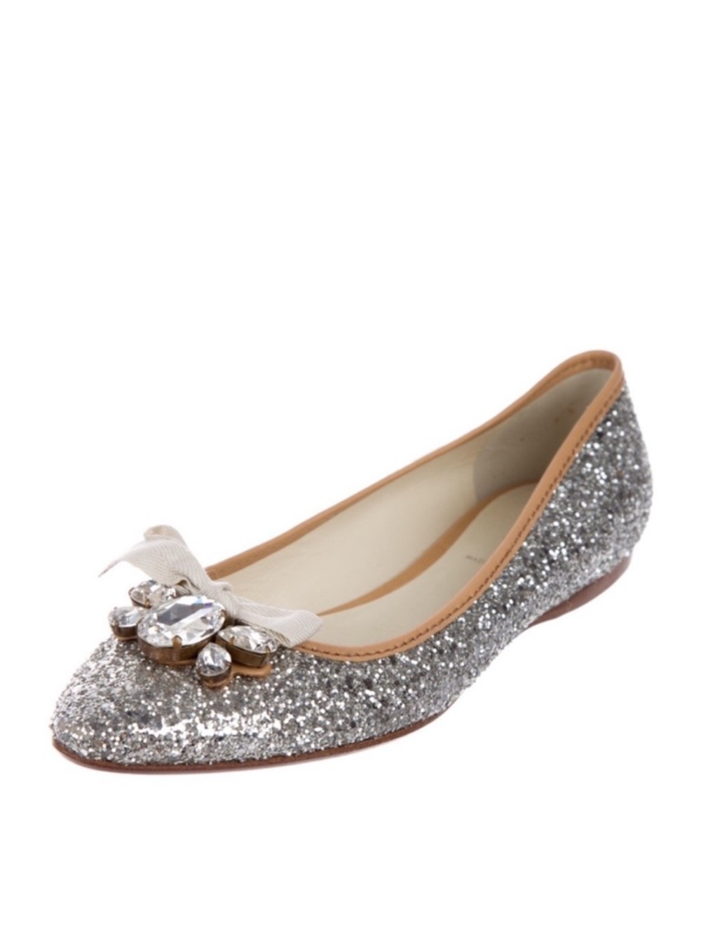 Miu Miu Prada Silver Glitter Swarovski Crystal Embellished Bow Flats - 9.5